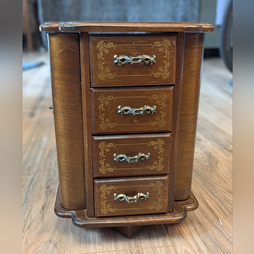 Vintage Small Wooden Jewelry Chest with Brass Handles - Brown